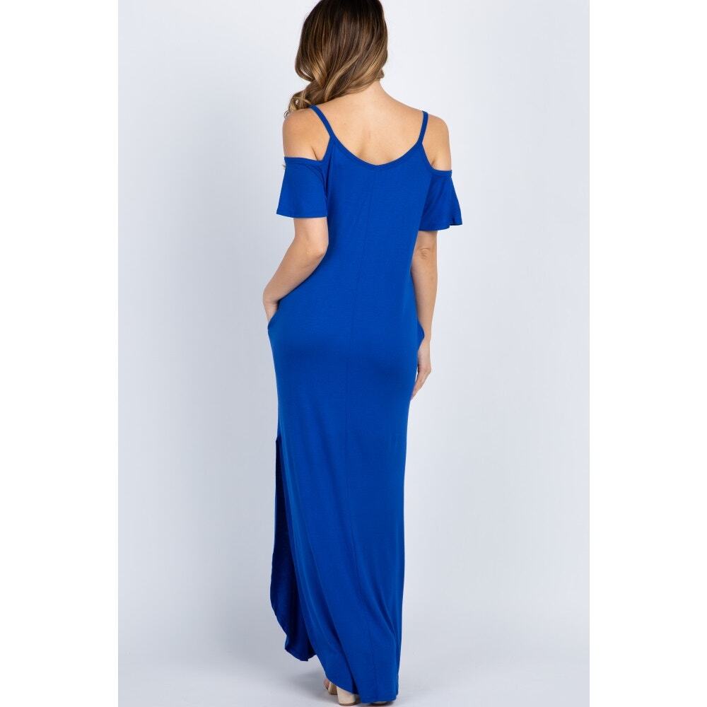 Pinkblush Maternity Royal Blue Cold Shoulder Maxi Dress Pockets Size Large - Picture 2 of 10